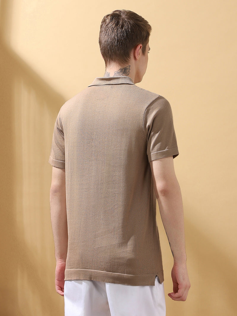 Men's Beige Solid Textured Spread Collar Half Sleeves T-shirt