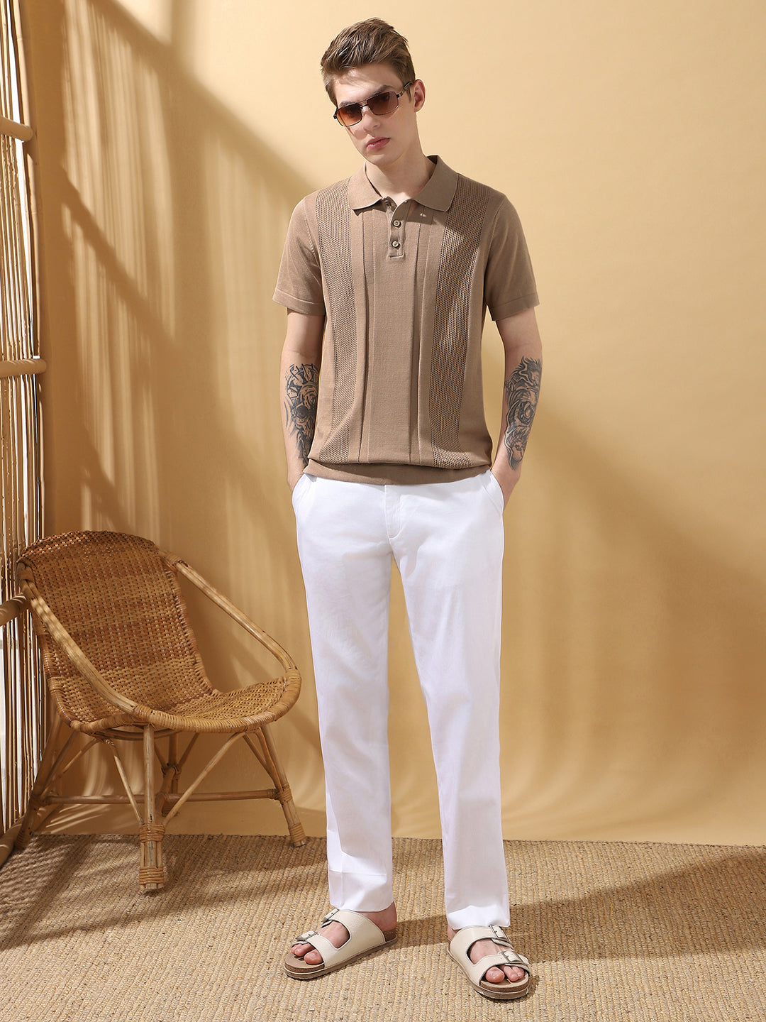 Men's Beige Solid Textured Spread Collar Half Sleeves T-shirt