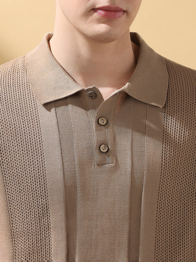 Men's Beige Solid Textured Spread Collar Half Sleeves T-shirt