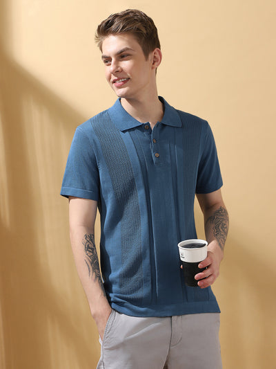 Men's Blue Solid Textured Spread Collar Half Sleeves T-shirt