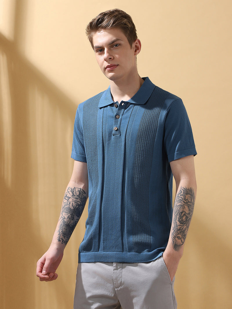 Men's Blue Solid Textured Spread Collar Half Sleeves T-shirt