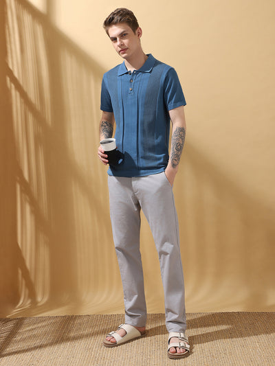 Men's Blue Solid Textured Spread Collar Half Sleeves T-shirt