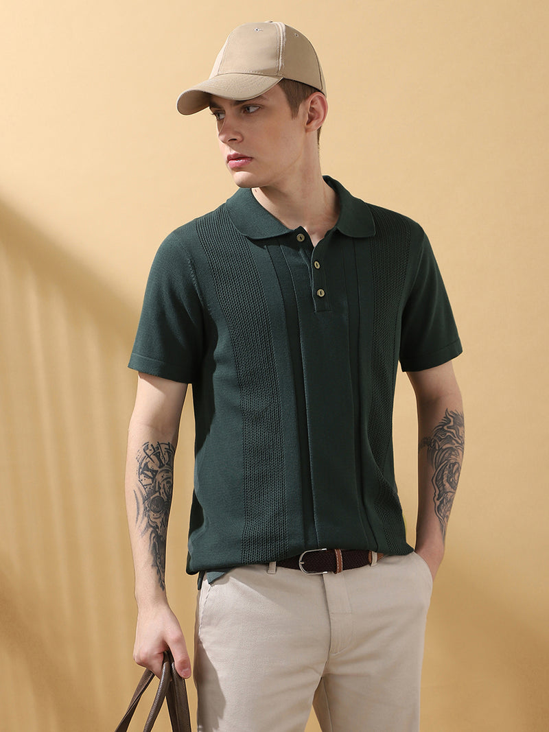 Men's Green Solid Textured Spread Collar Half Sleeves T-shirt