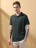 Men's Green Solid Textured Spread Collar Half Sleeves T-shirt