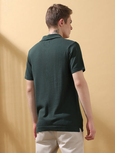 Men's Green Solid Textured Spread Collar Half Sleeves T-shirt