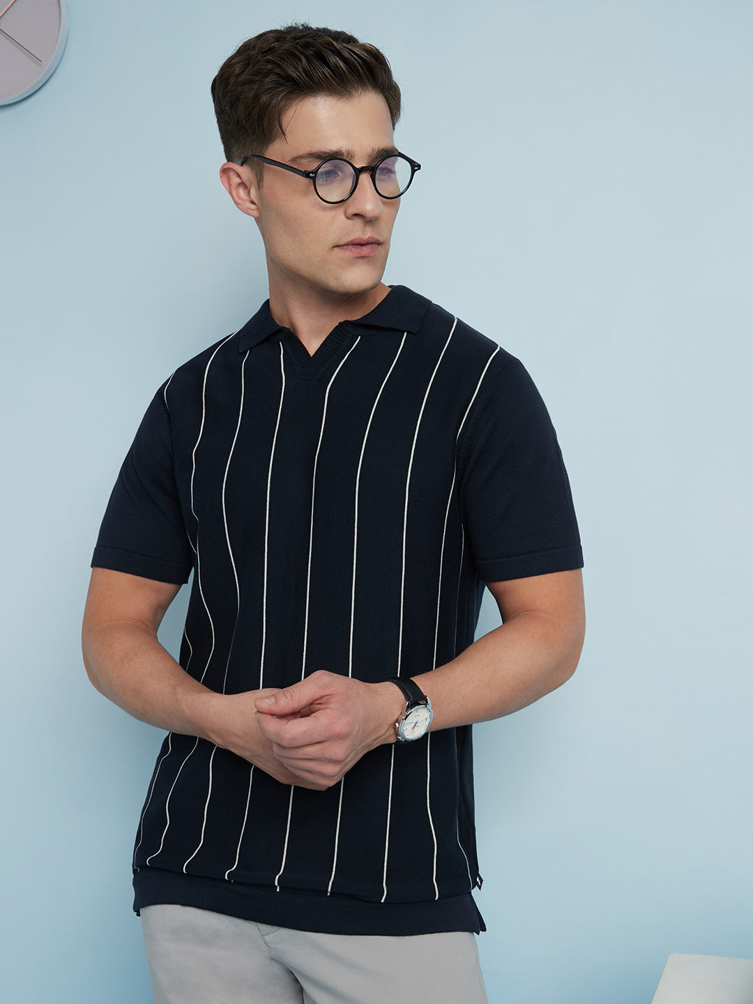 Men Navy Blue Striped Polo Collar Half Sleeves Regular Fit T-Shirt