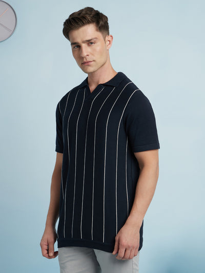 Men Navy Blue Striped Polo Collar Half Sleeves Regular Fit T-Shirt