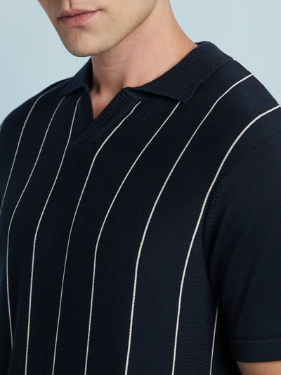 Men Navy Blue Striped Polo Collar Half Sleeves Regular Fit T-Shirt