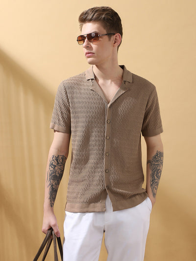 Men's Beige Textured Cuban Collar Half Sleeves Knitted Casual shirt