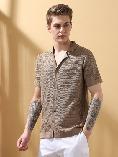 Men's Beige Textured Cuban Collar Half Sleeves Knitted Casual shirt