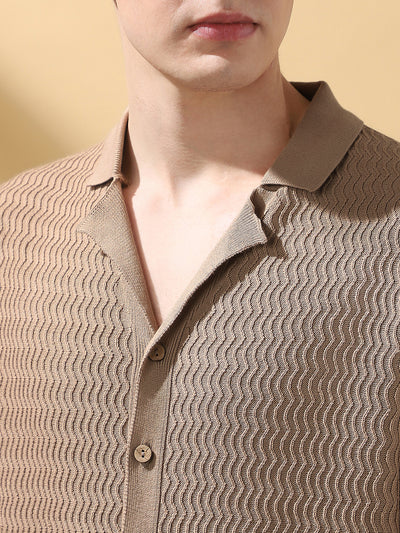 Men's Beige Textured Cuban Collar Half Sleeves Knitted Casual shirt