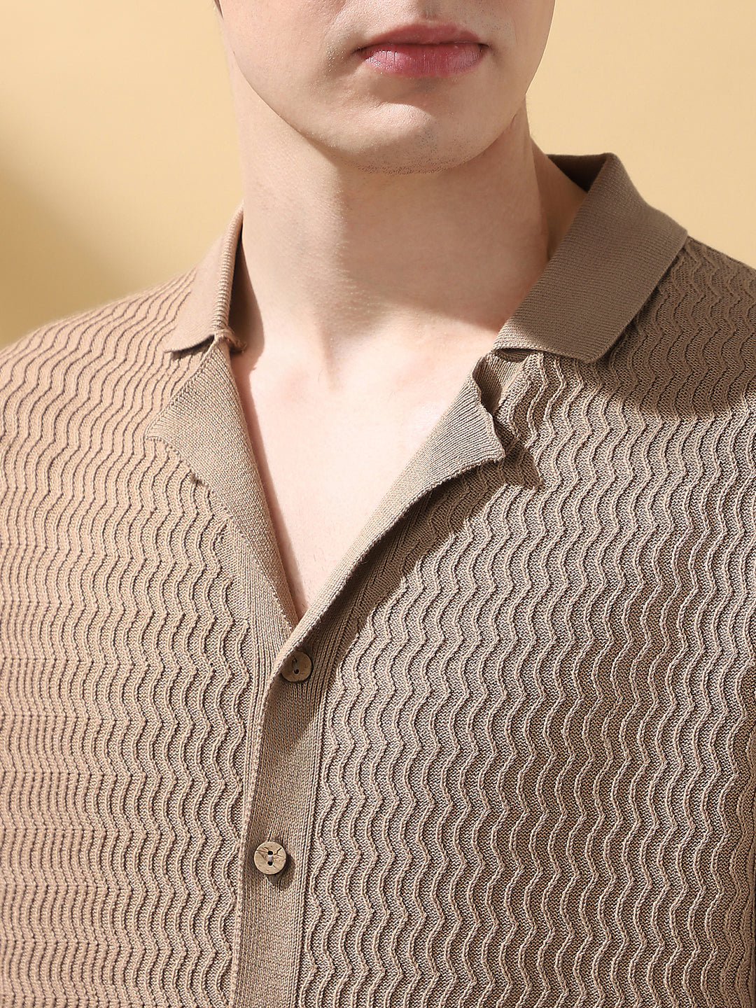 Men's Beige Textured Cuban Collar Half Sleeves Knitted Casual shirt