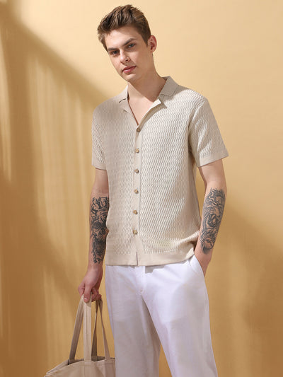 Men's OffWhite Textured Cuban Collar Half Sleeves Knitted Casual Shirt