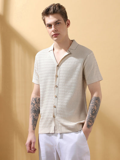 Men's OffWhite Textured Cuban Collar Half Sleeves Knitted Casual Shirt