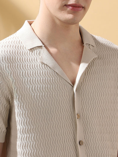 Men's OffWhite Textured Cuban Collar Half Sleeves Knitted Casual Shirt