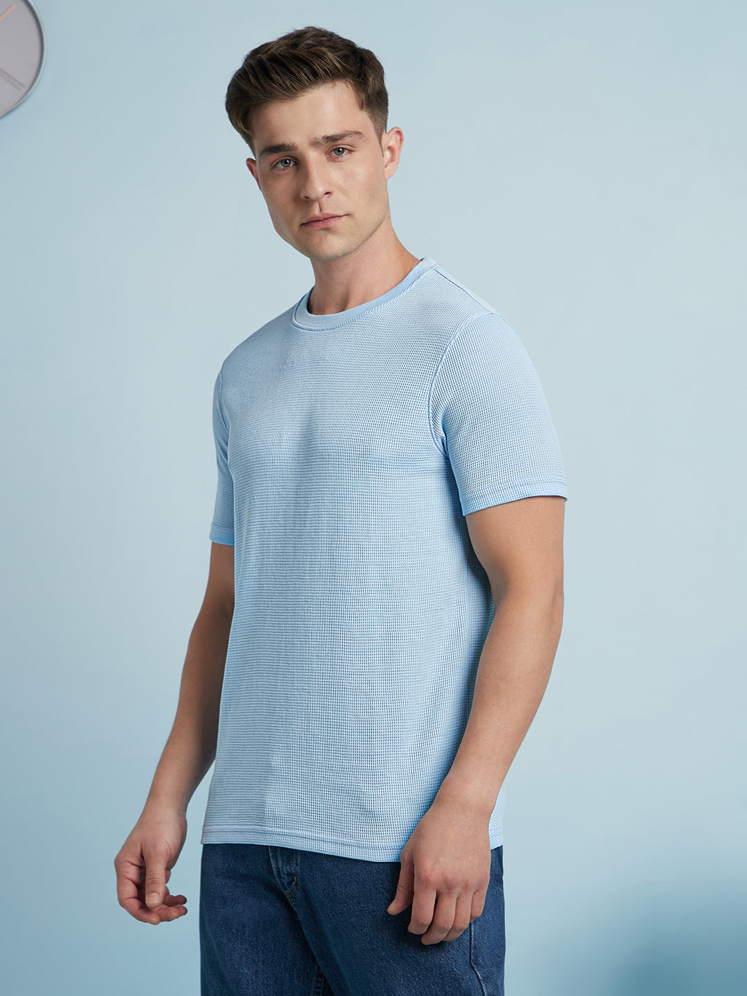 Men Sky Blue Solid Textured Round Neck Half Sleeves Regular Fit T-Shirt