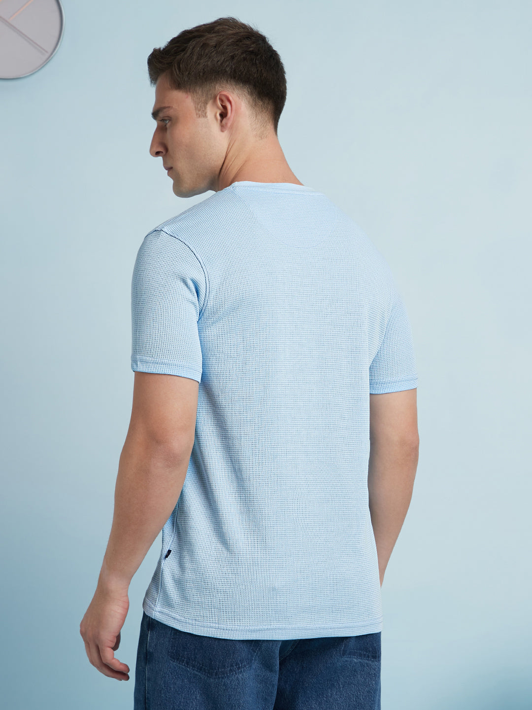 Men Sky Blue Solid Textured Round Neck Half Sleeves Regular Fit T-Shirt