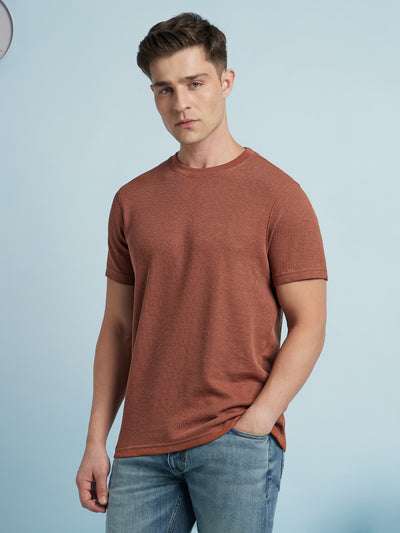 Men Rust Solid Textured Round Neck Half Sleeves Regular Fit T-Shirt