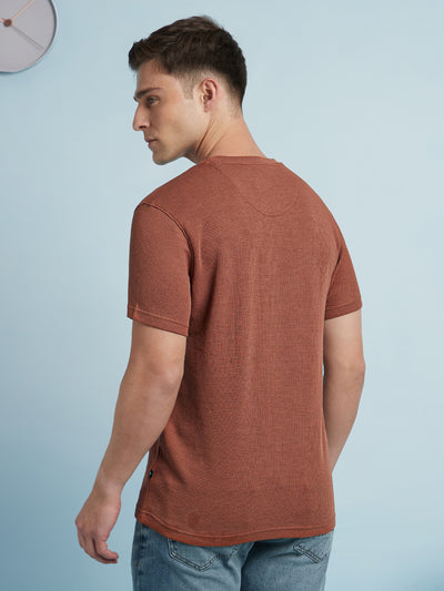 Men Rust Solid Textured Round Neck Half Sleeves Regular Fit T-Shirt