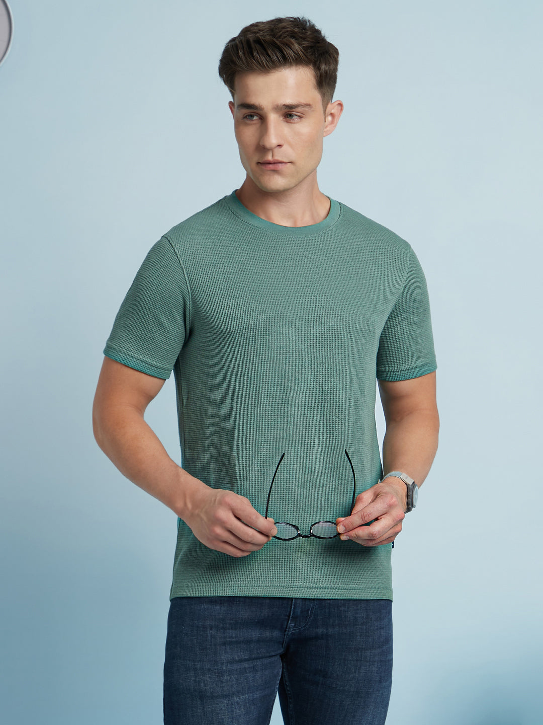 Men Sage Green Solid Textured Round Neck Half Sleeves Regular Fit T-Shirt