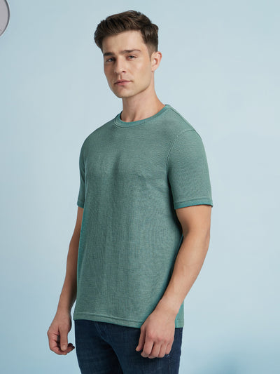 Men Sage Green Solid Textured Round Neck Half Sleeves Regular Fit T-Shirt