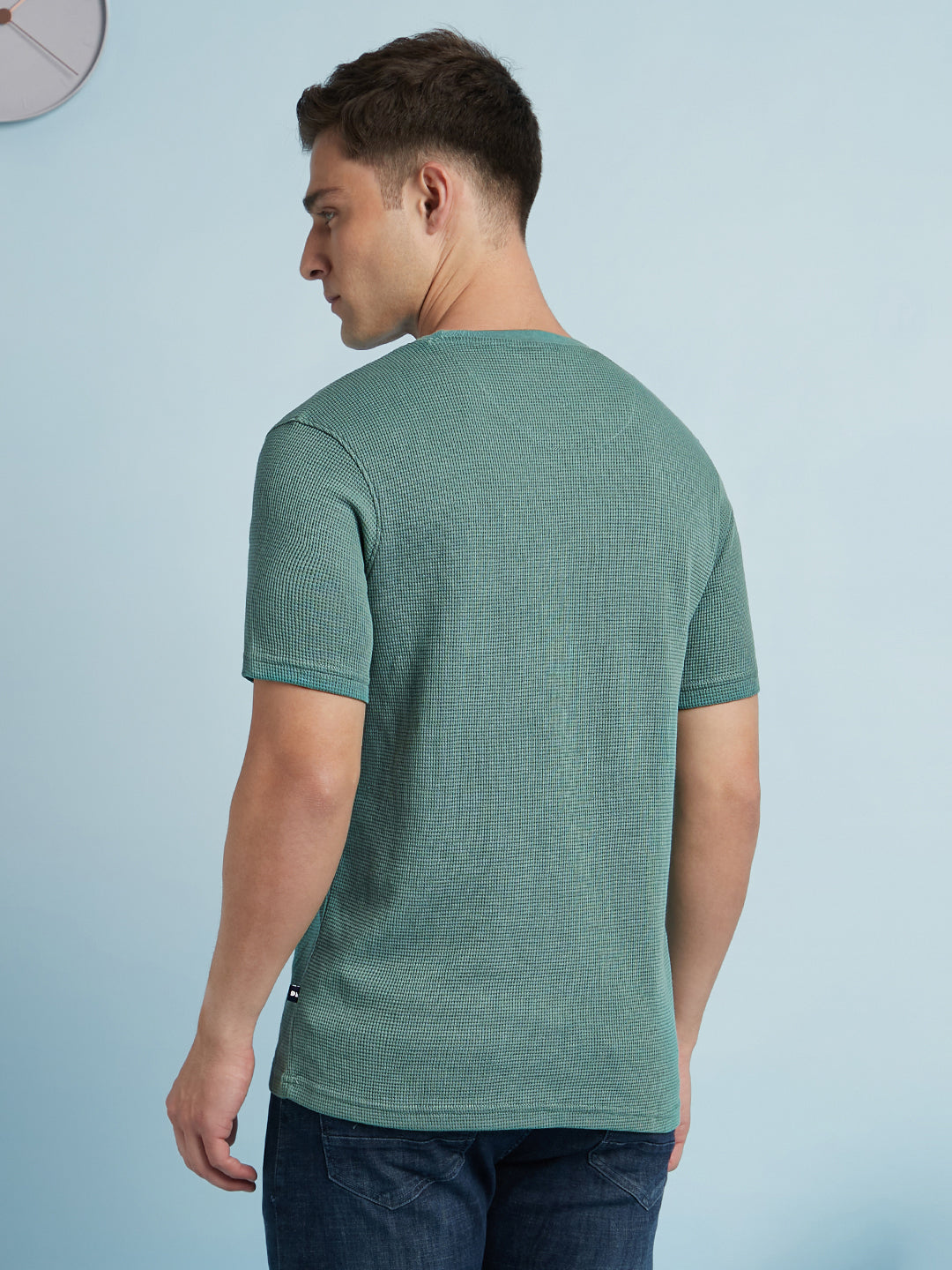 Men Sage Green Solid Textured Round Neck Half Sleeves Regular Fit T-Shirt