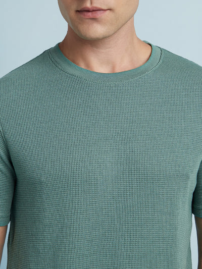 Men Sage Green Solid Textured Round Neck Half Sleeves Regular Fit T-Shirt