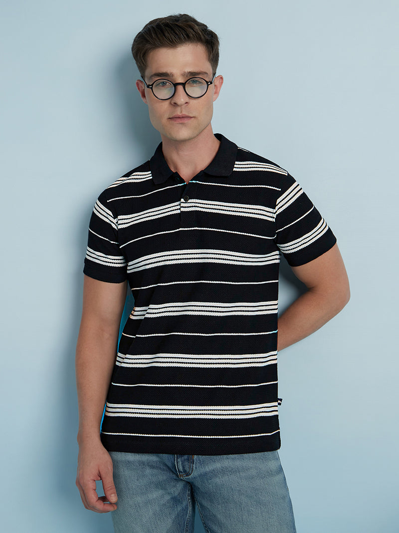 Men Black Textured Stripes Polo Collar Half Sleeves Regular Fit T-Shirt