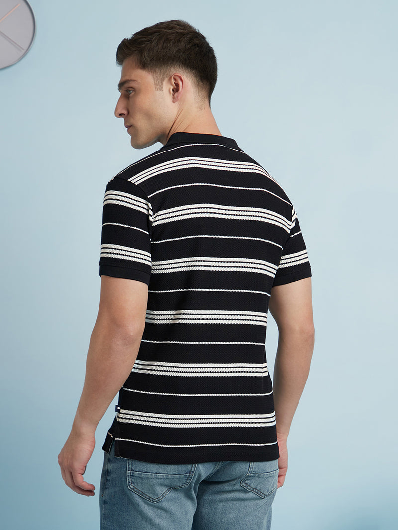 Men Black Textured Stripes Polo Collar Half Sleeves Regular Fit T-Shirt