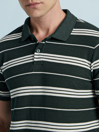 Men Green Textured Stripes Polo Collar Half Sleeves Regular Fit T-Shirt