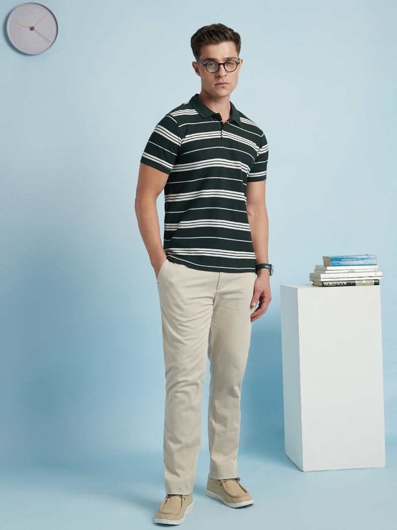 Men Green Textured Stripes Polo Collar Half Sleeves Regular Fit T-Shirt