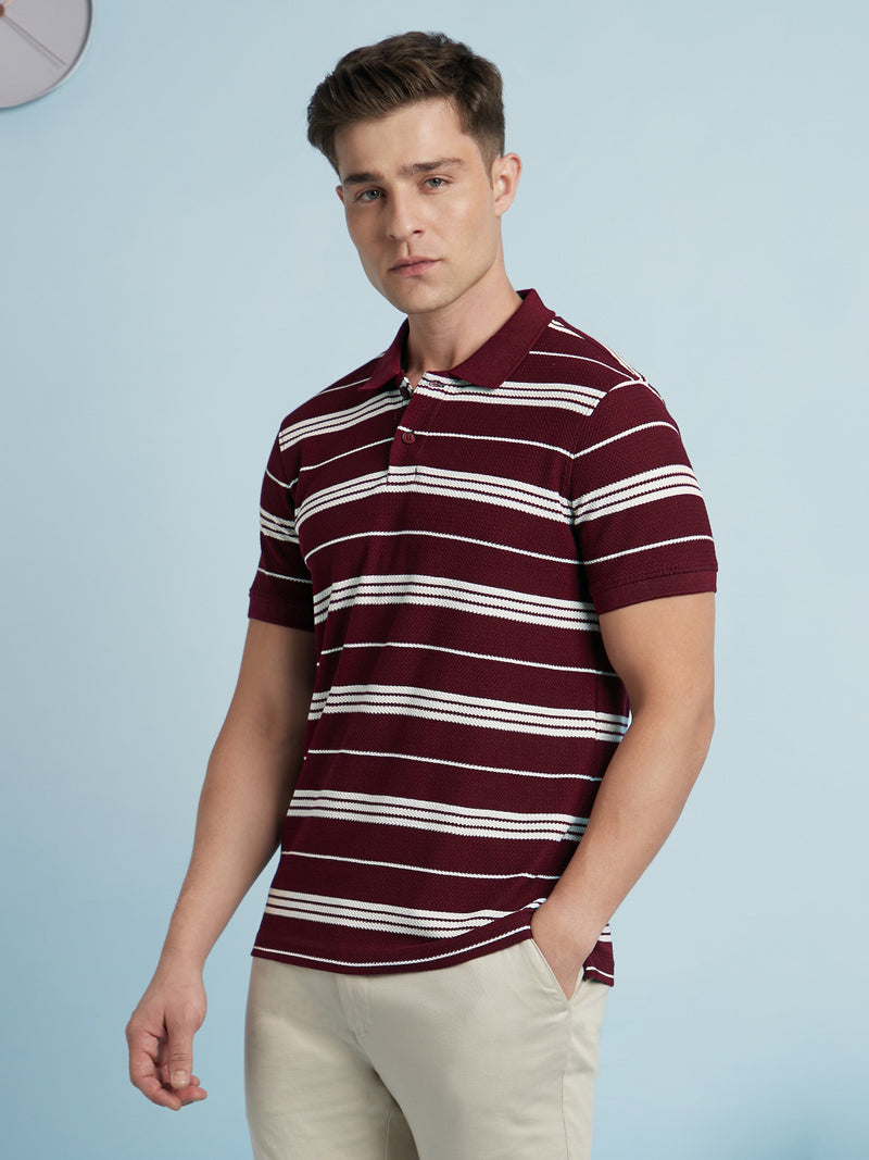 Men Maroon Textured Stripes Polo Collar Half Sleeves Regular Fit T-Shirt