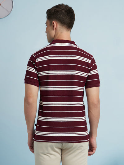 Men Maroon Textured Stripes Polo Collar Half Sleeves Regular Fit T-Shirt