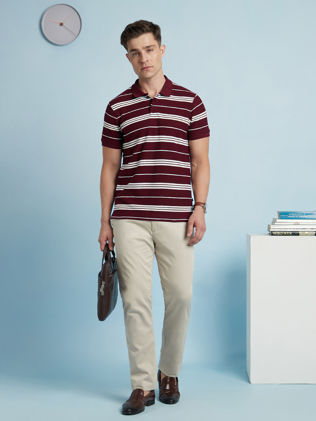 Men Maroon Textured Stripes Polo Collar Half Sleeves Regular Fit T-Shirt