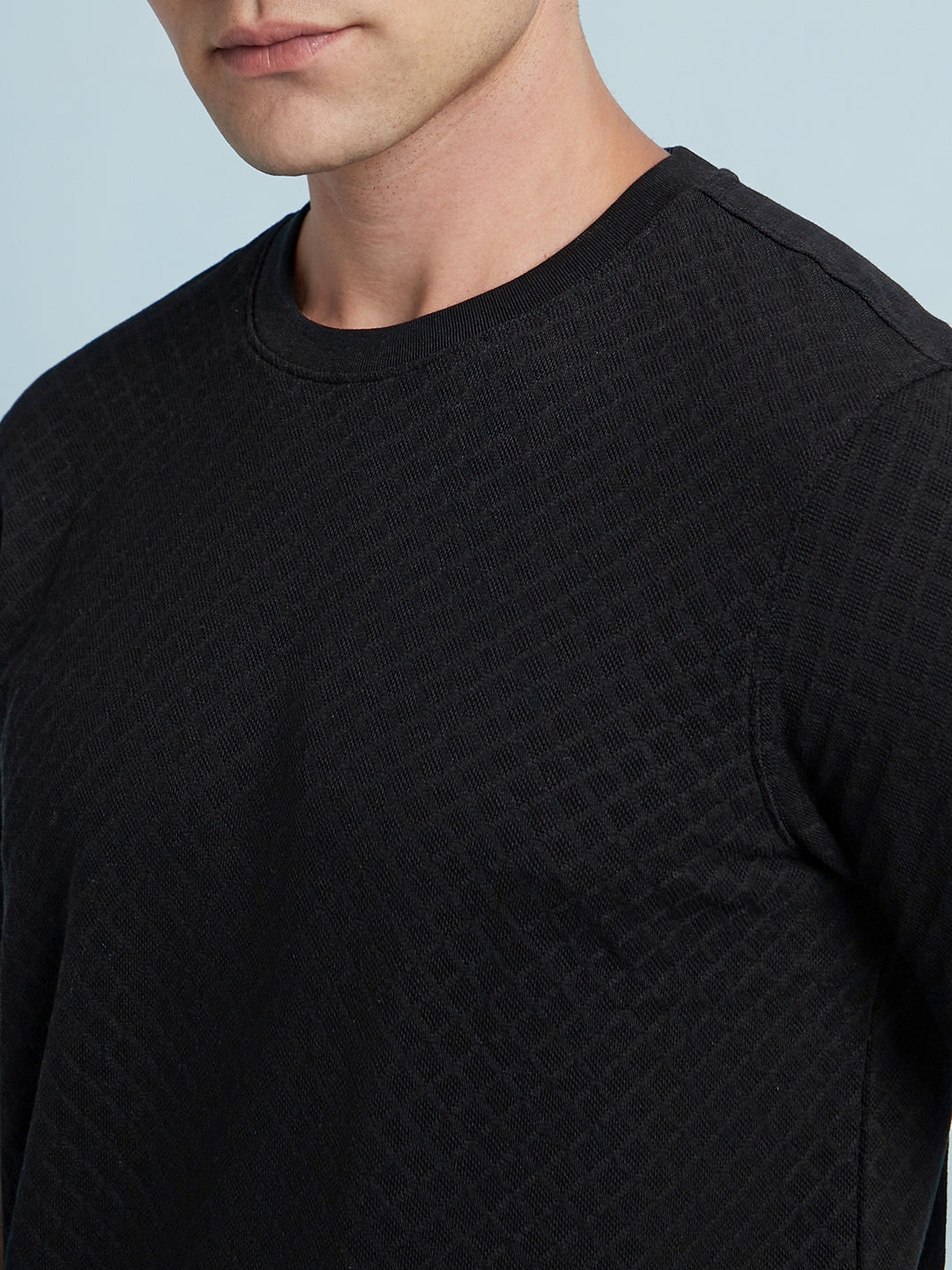 Men Black Solid Textured Round Neck Half Sleeves Regular Fit T-Shirt