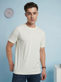 Men Off White Solid Textured Round Neck Half Sleeves Regular Fit T-Shirt