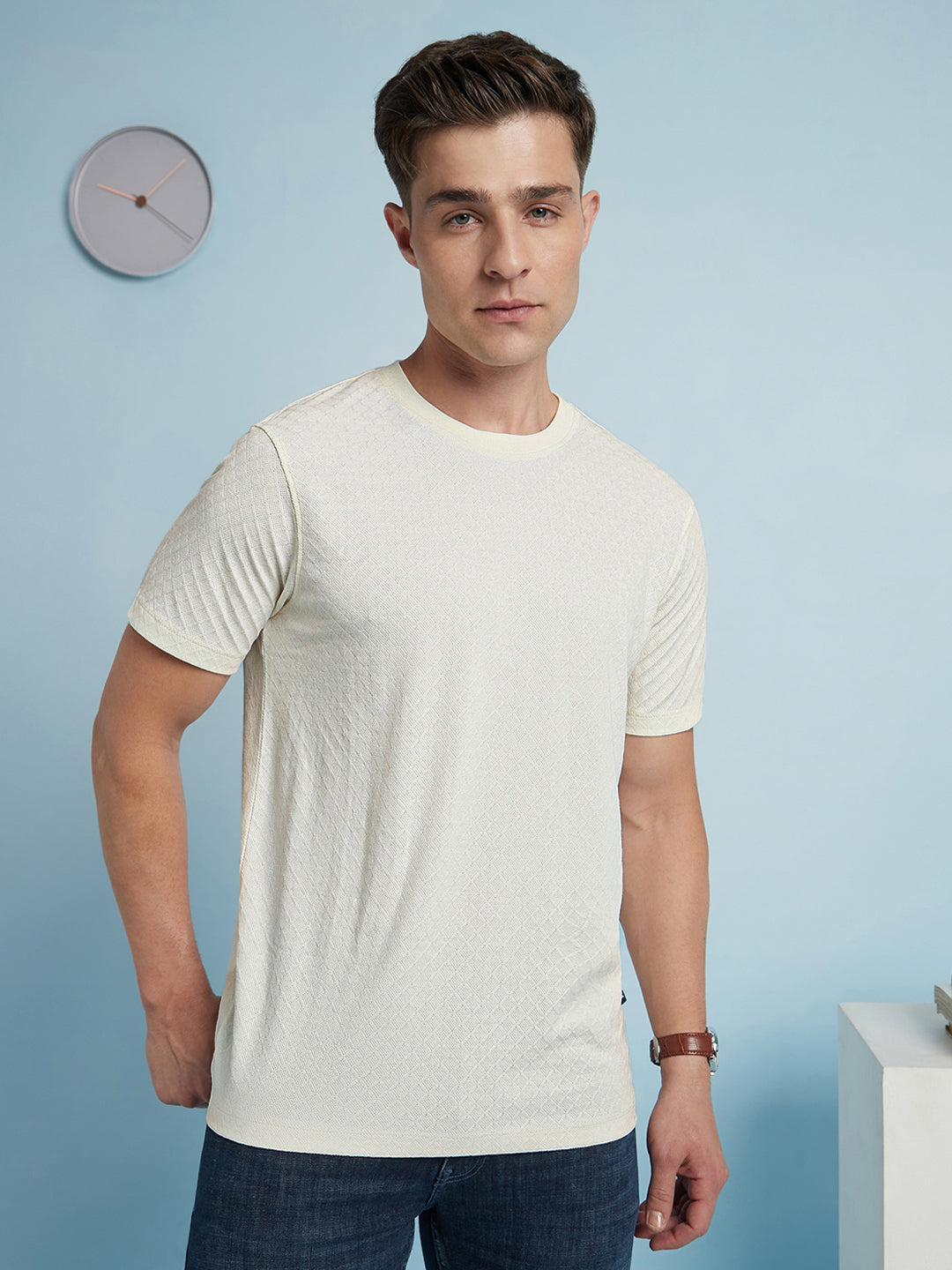 Men Off White Solid Textured Round Neck Half Sleeves Regular Fit T-Shirt