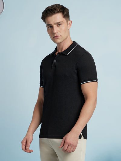 Men Black Solid Textured Polo Collar Half Sleeves Regular Fit T-Shirt