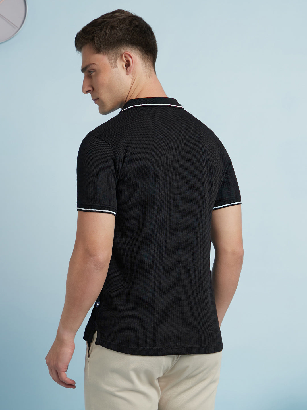 Men Black Solid Textured Polo Collar Half Sleeves Regular Fit T-Shirt