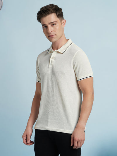 Men Off White Solid Textured Polo Collar Half Sleeves Regular Fit T-Shirt