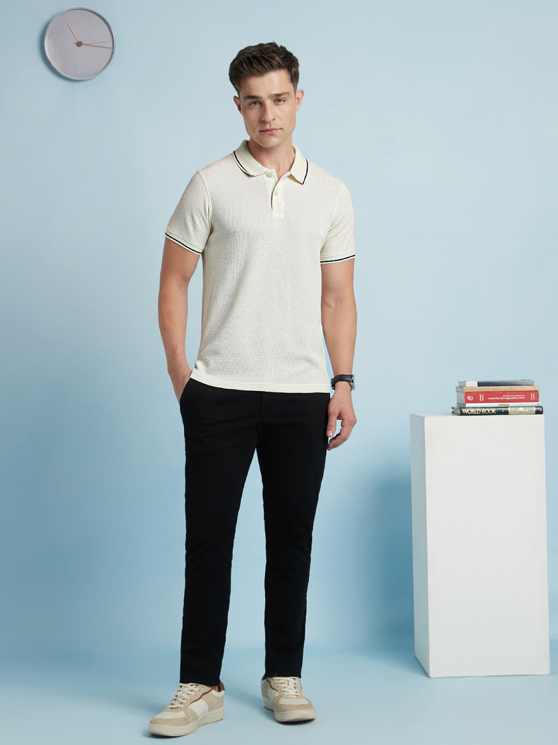 Men Off White Solid Textured Polo Collar Half Sleeves Regular Fit T-Shirt