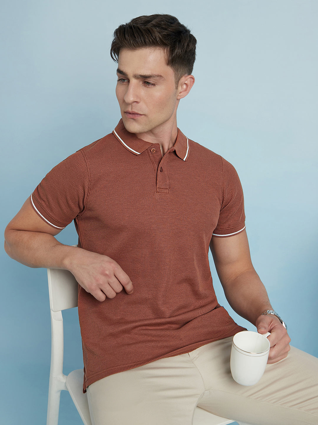 Men Rust Solid Textured Polo Collar Half Sleeves Regular Fit T-Shirt