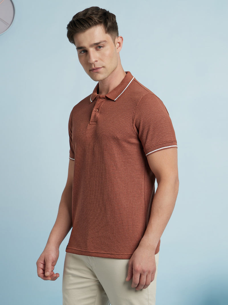 Men Rust Solid Textured Polo Collar Half Sleeves Regular Fit T-Shirt