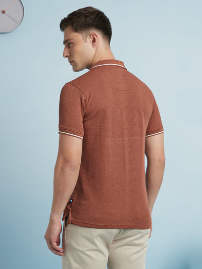 Men Rust Solid Textured Polo Collar Half Sleeves Regular Fit T-Shirt