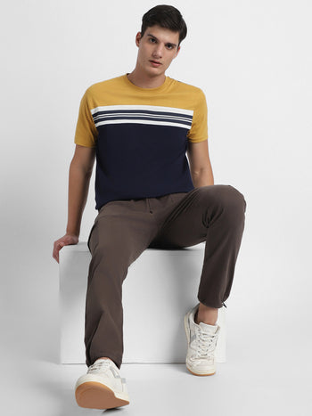 Men's Mustard Y/D Stripes Half-Sleeves Casual T-Shirt