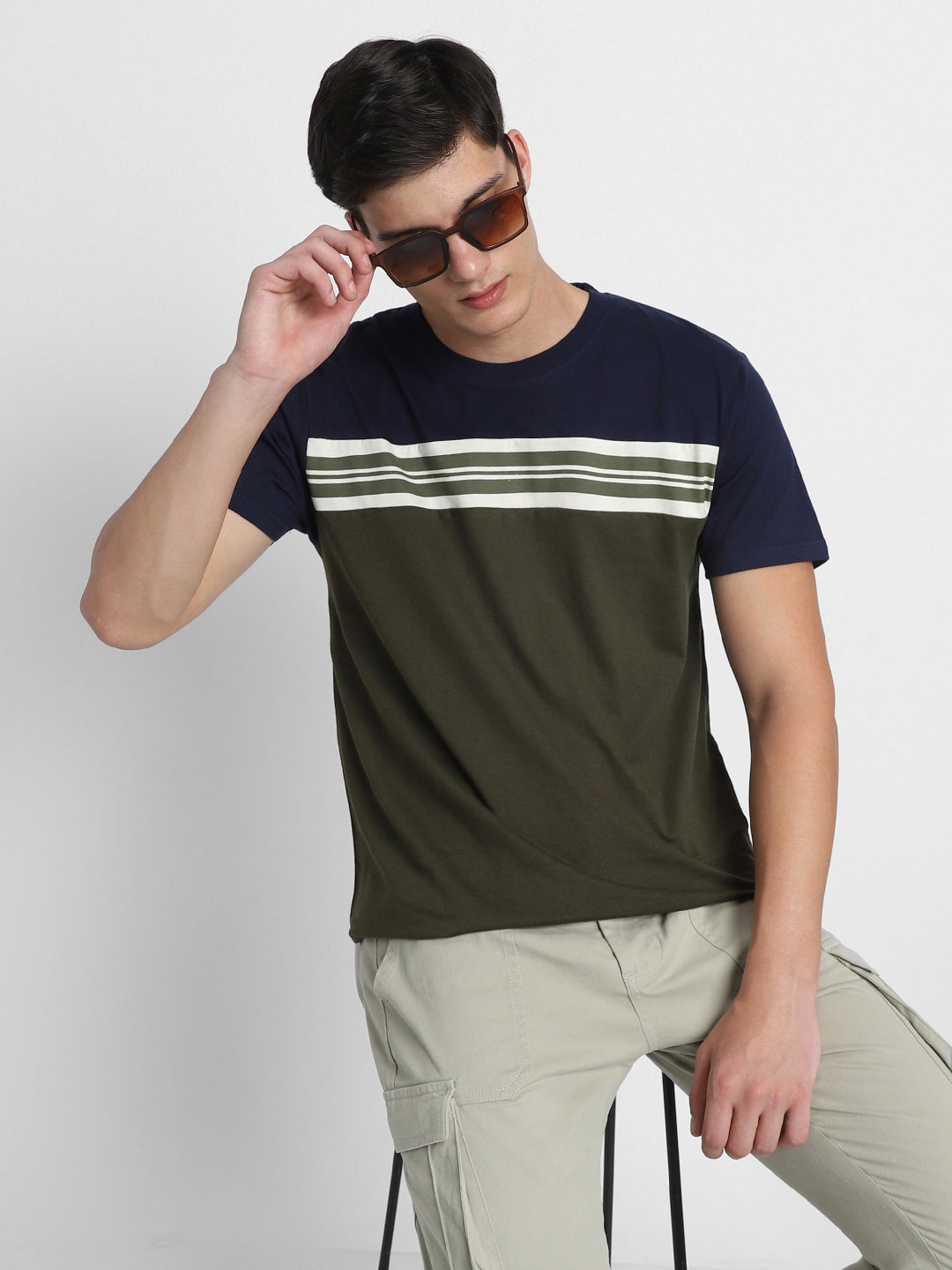 Men's Navy Y/D Stripes Half sleeves Casual T-Shirt