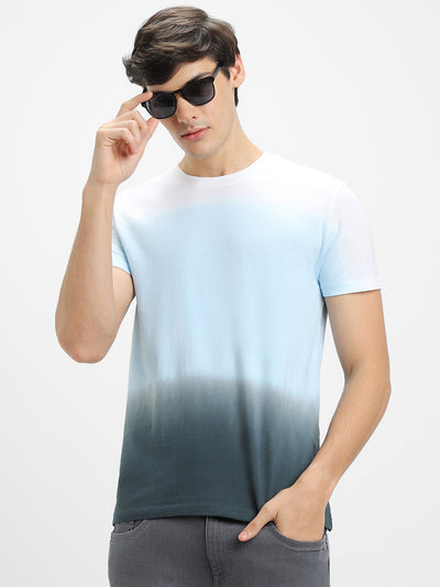 Men's Blue Ombre Half-Sleeves Casual T-Shirt