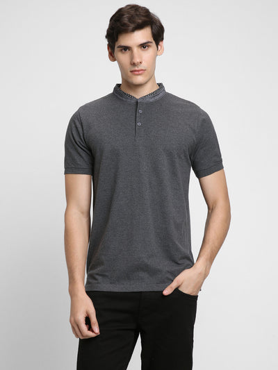 Dennis Lingo Men's Chambray Collar Regular Fit Solid Grey T-Shirts