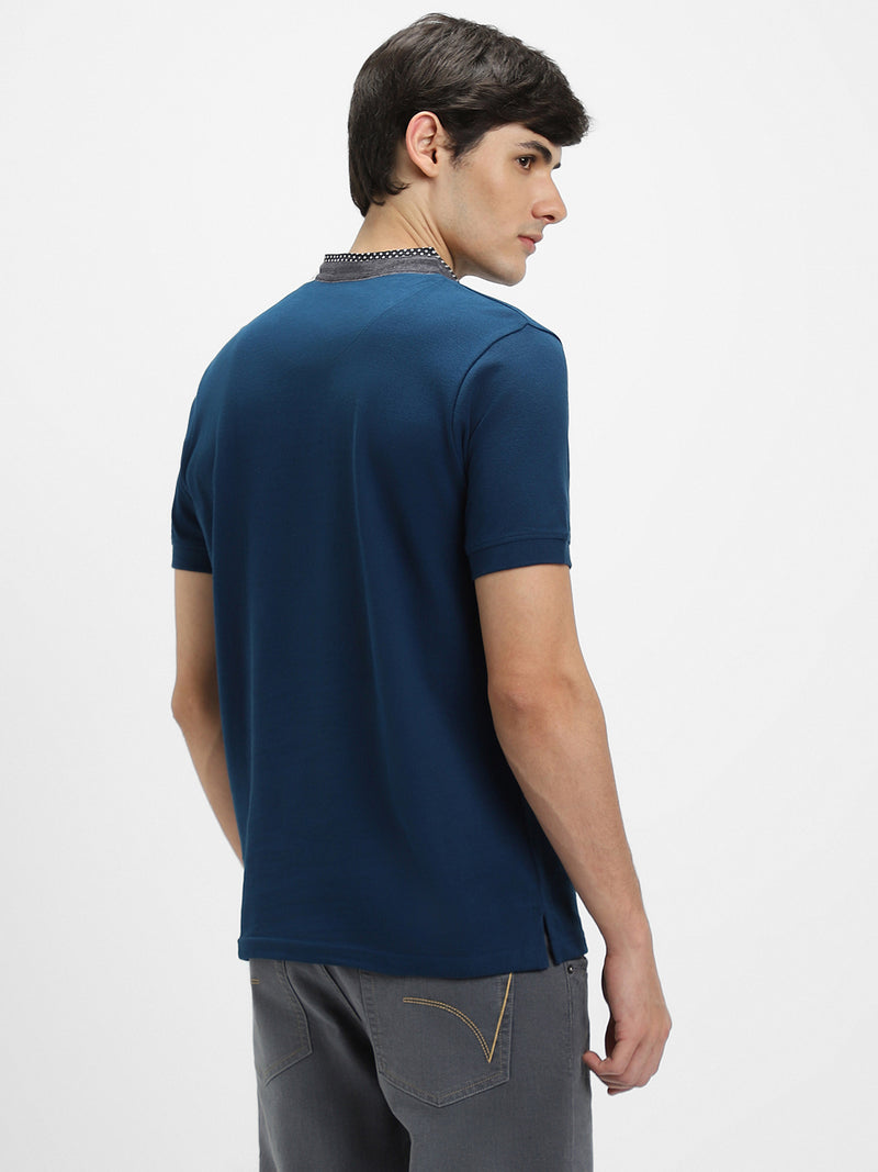 Dennis Lingo Men's Chambray Collar Regular Fit Solid Teal T-Shirts