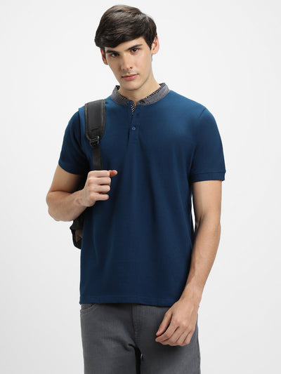 Dennis Lingo Men's Chambray Collar Regular Fit Solid Teal T-Shirts